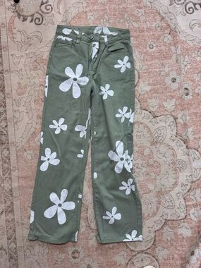Olive Green Wide Leg Pants with White Floral Print